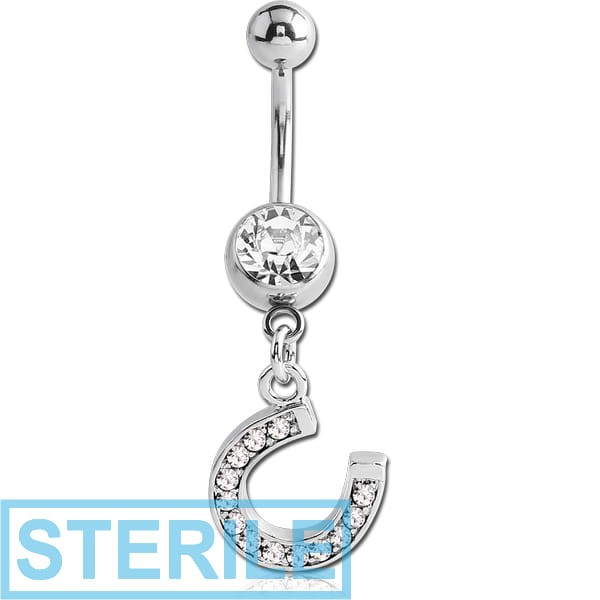 STERILE SURGICAL STEEL JEWELLED NAVEL BANANA WITH DANGLING CHARM - HORSESHOE