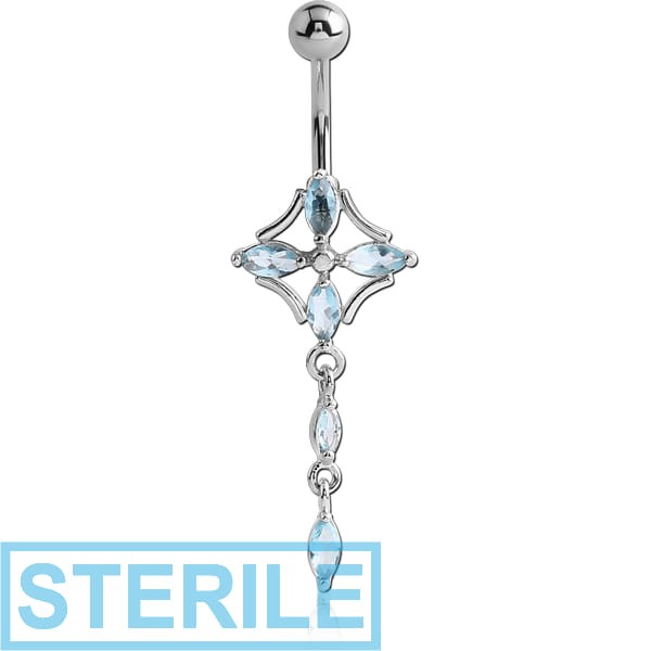 STERILE RHODIUM PLATED BRASS JEWELLED FLOWER NAVEL BANANA WITH DANGLING CHARM - DROPS
