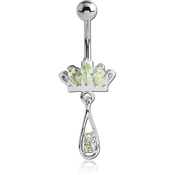 RHODIUM PLATED BRASS JEWELLED CROWN NAVEL BANANA WITH DANGLING CHARM - DROP