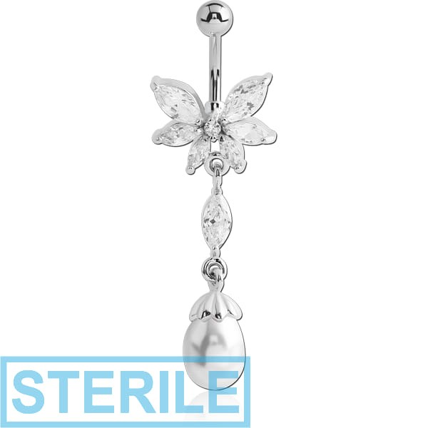 STERILE RHODIUM PLATED BRASS JEWELLED BUTTERFLY NAVEL BANANA WITH DANGLING CHARM - SYNTHETIC PEARL