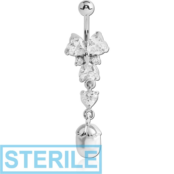STERILE RHODIUM PLATED BRASS JEWELLED BUTTERFLY NAVEL BANANA WITH DANGLING CHARM - SYNTHETIC PEARL
