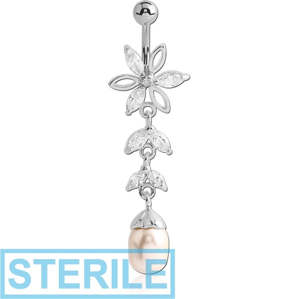 STERILE RHODIUM PLATED BRASS JEWELLED FLOWER NAVEL BANANA WITH DANGLING CHARM - SYNTHETIC PEARL
