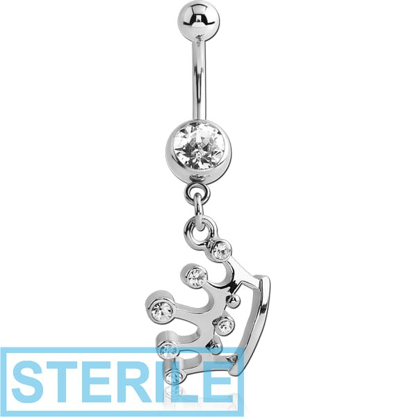 STERILE SURGICAL STEEL JEWELLED NAVEL BANANA WITH DANGLING CHARM - CROWN