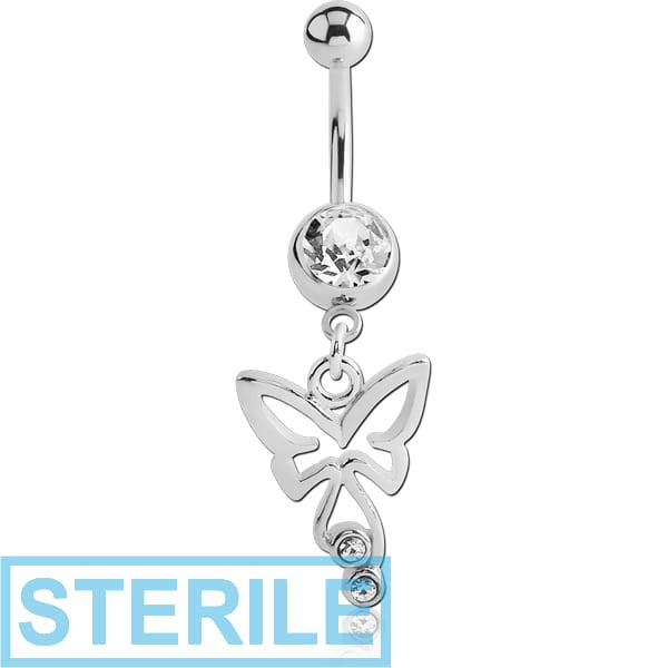 STERILE SURGICAL STEEL JEWELLED NAVEL BANANA WITH DANGLING CHARM - BUTTERFLY