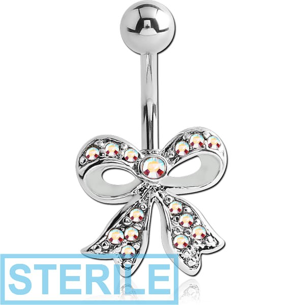STERILE RHODIUM PLATED BRASS JEWELLED NAVEL BANANA - BOW
