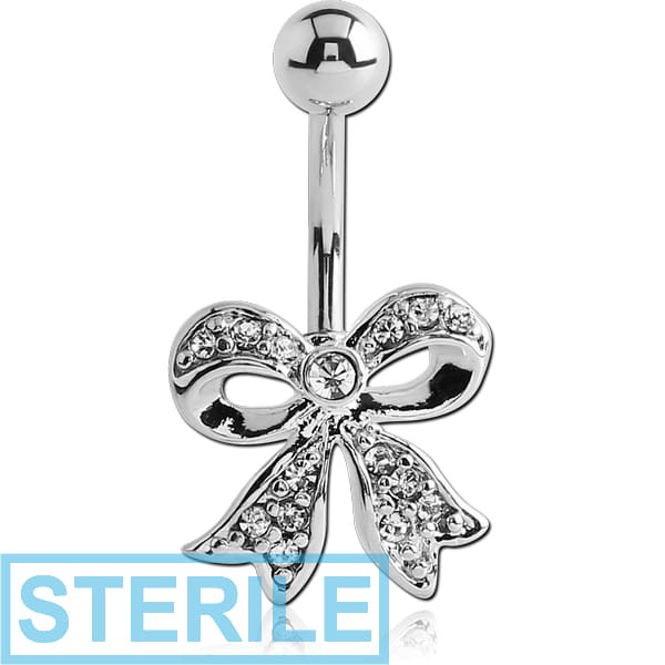 STERILE RHODIUM PLATED BRASS VALUE CRYSTALINE JEWELLED NAVEL BANANA - BOW