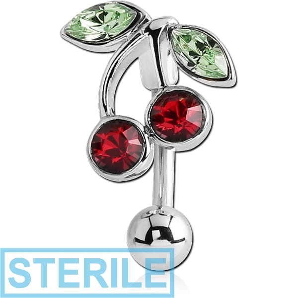 STERILE SURGICAL STEEL JEWELLED REVERSE NAVEL BANANA - CHERRIES