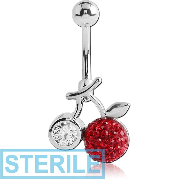 STERILE RHODIUM PLATED BRASS CRYSTALINE JEWELLED NAVEL BANANA - CHERRIES
