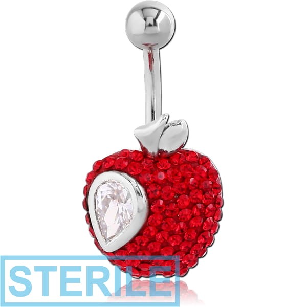 STERILE RHODIUM PLATED BRASS CRYSTALINE JEWELLED NAVEL BANANA - APPLE