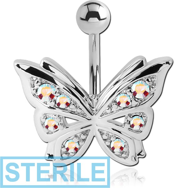 STERILE RHODIUM PLATED BRASS JEWELLED NAVEL BANANA - BUTTERFLY