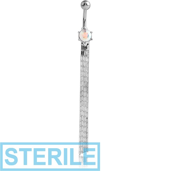 STERILE RHODIUM PLATED BRASS JEWELLED NAVEL BANANA WITH DANGLING CHAINS