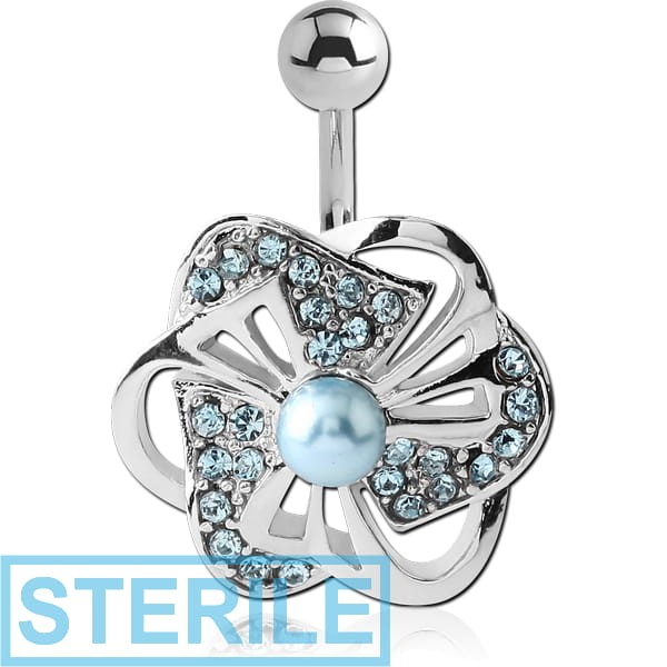 STERILE RHODIUM PLATED BRASS JEWELLED NAVEL BANANA WITH SYNTHETIC PEARL - FLOWER