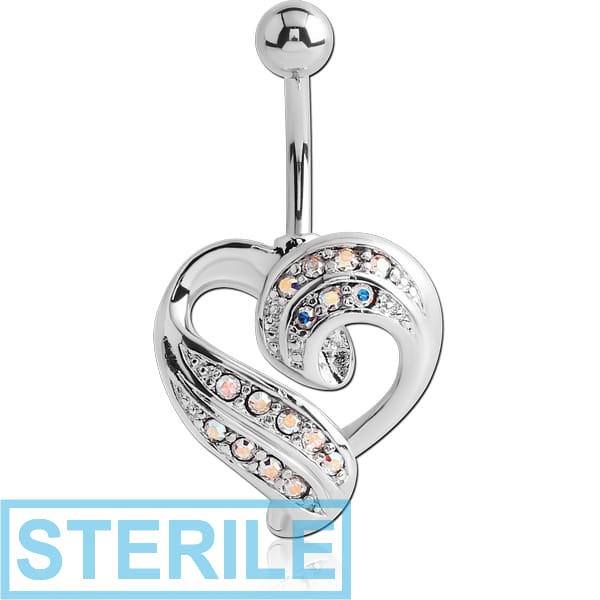 STERILE RHODIUM PLATED BRASS JEWELLED NAVEL BANANA - HEART
