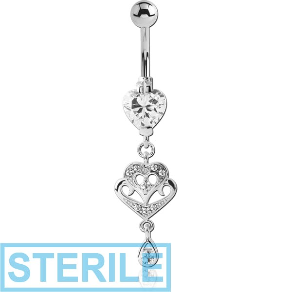 STERILE RHODIUM PLATED BRASS HEART JEWELLED NAVEL BANANA WITH DANGLING CHARM - HEART AND DROP