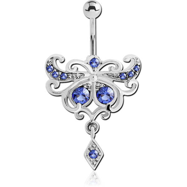 RHODIUM PLATED BRASS TRIBLE VALUE JEWELLED NAVEL BANANA WITH DANGLING CHARM - RHOMBUS