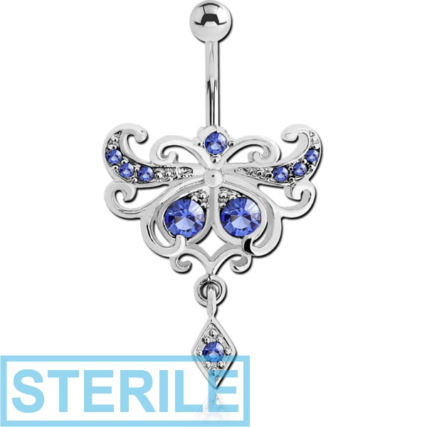 STERILE RHODIUM PLATED BRASS TRIBLE VALUE JEWELLED NAVEL BANANA WITH DANGLING CHARM - RHOMBUS