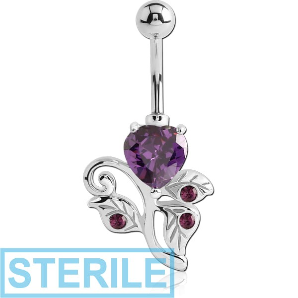 STERILE RHODIUM PLATED BRASS CRYSTALINE JEWELLED NAVEL BANANA - HEART FLOWER