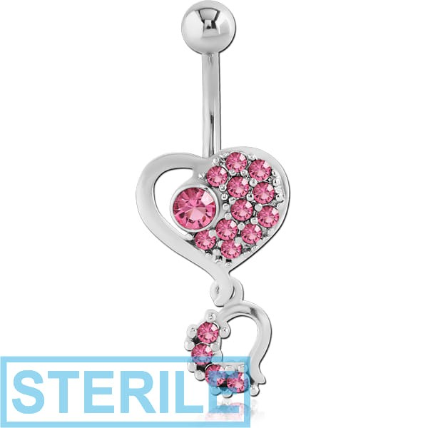 STERILE RHODIUM PLATED BRASS JEWELLED HEART NAVEL BANANA WITH DANGLING CHARM - HEART