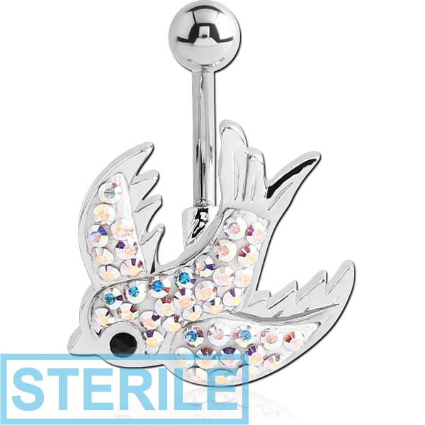 STERILE RHODIUM PLATED BRASS CRYSTALINE JEWELLED NAVEL BANANA - SWALLOW