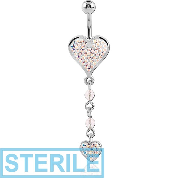 STERILE RHODIUM PLATED BRASS CRYSTALINE JEWELLED HEART NAVEL BANANA WITH DANGLING CHARM - HEART