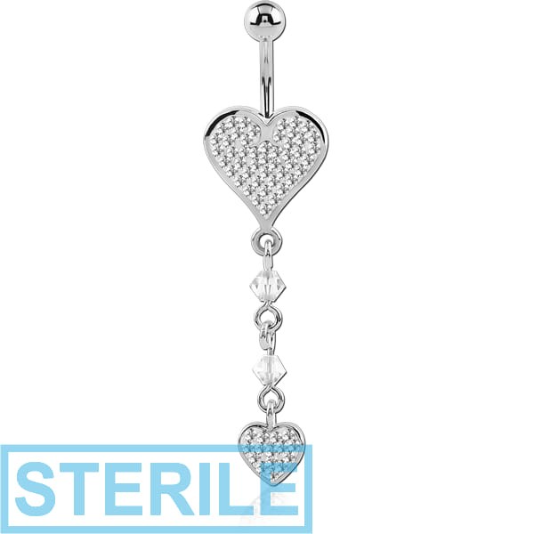 STERILE RHODIUM PLATED BRASS VALUE CRYSTALINE JEWELLED HEART NAVEL BANANA WITH DANGLING CHARM - HEART