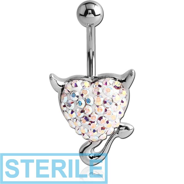 STERILE RHODIUM PLATED BRASS CRYSTALINE JEWELLED NAVEL BANANA - DEVIL HEART