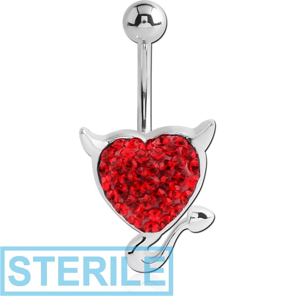 STERILE RHODIUM PLATED BRASS VALUE CRYSTALINE JEWELLED NAVEL BANANA - DEVIL HEART