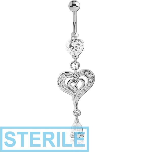 STERILE RHODIUM PLATED BRASS JEWELLED NAVEL BANANA WITH DANGLING CHARM - HEART