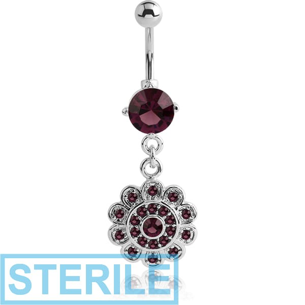 STERILE RHODIUM PLATED BRASS JEWELLED NAVEL BANANA WITH DANGLING CHARM - FLOWER