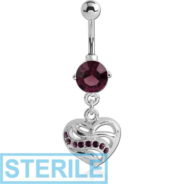 STERILE RHODIUM PLATED BRASS JEWELLED NAVEL BANANA WITH DANGLING CHARM - HEART