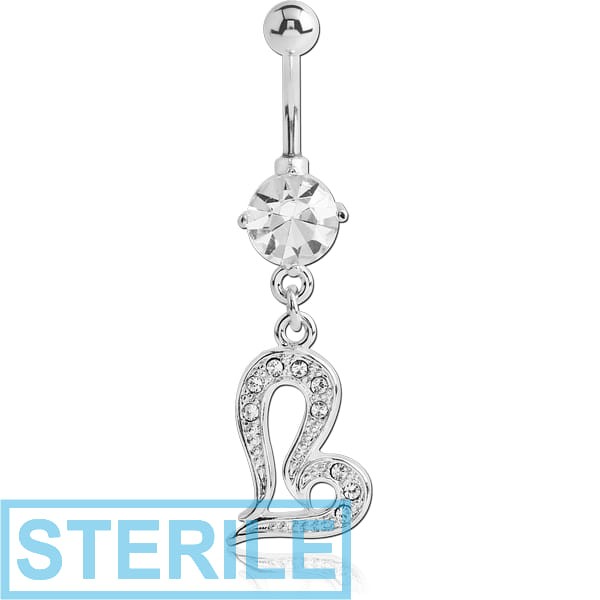 STERILE RHODIUM PLATED BRASS JEWELLED NAVEL BANANA WITH DANGLING CHARM - HEART