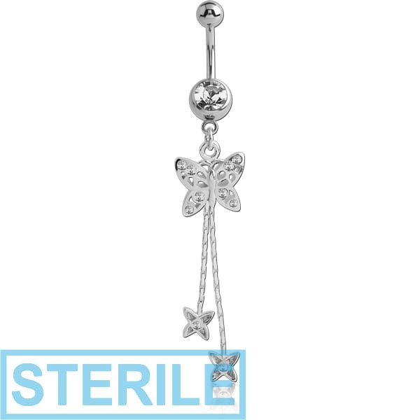 STERILE SURGICAL STEEL JEWELLED NAVEL BANANA WITH DANGLING CHARM - BUTTERFLY
