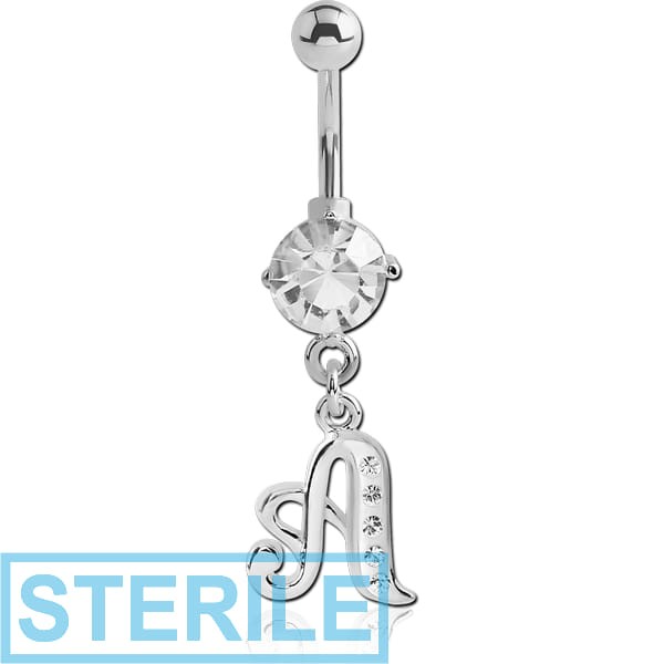 STERILE RHODIUM PLATED BRASS PRONG SET JEWELLED NAVEL BANANA WITH CRYSTALINE DANGLING CHARM - A