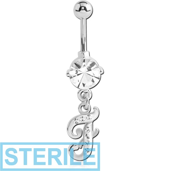 STERILE RHODIUM PLATED BRASS PRONG SET JEWELLED NAVEL BANANA WITH CRYSTALINE DANGLING CHARM - F