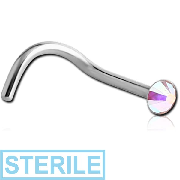 STERILE SURGICAL STEEL FLAT SWAROVSKI CRYSTAL JEWELLED CURVED NOSE STUD
