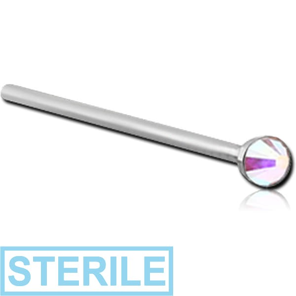 STERILE SURGICAL STEEL FLAT SWAROVSKI CRYSTAL JEWELLED STRAIGHT NOSE STUD 15MM