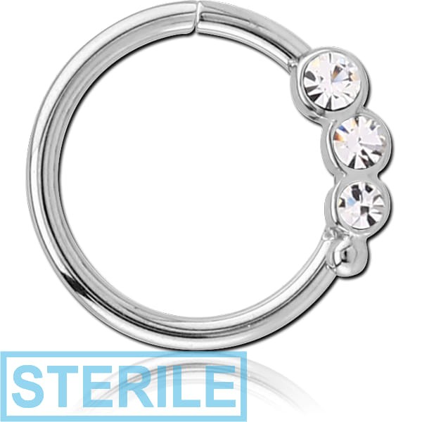 STERILE SURGICAL STEEL VALUE JEWELLED SEAMLESS RING - LEFT - TRIPLE GEM