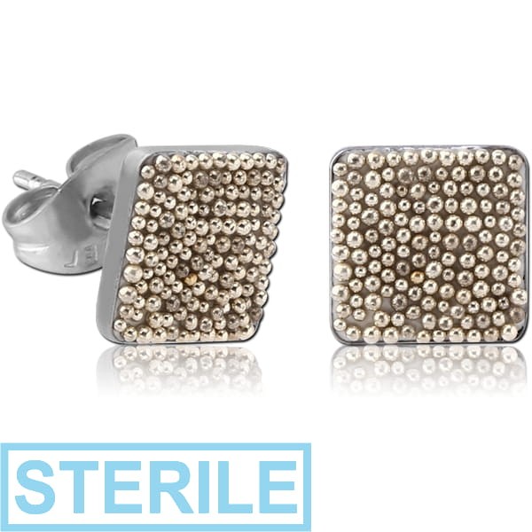 STERILE SURGICAL STEEL MULTICOLOUR BALLS SQUARE OF CUP EAR STUDS PAIR