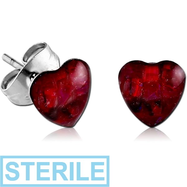 STERILE SURGICAL STEEL SYNTHETIC MOTHER OF PEARL MOSAIC HEART CUP EAR STUDS PAIR