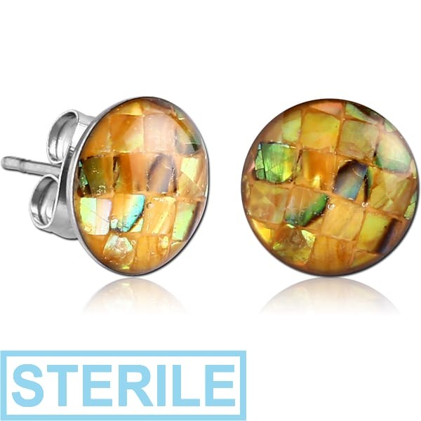 STERILE PAIR OF SURGICAL STEEL SYNTHETIC MOSAIC MOTHER OF PEARL CUP EAR STUDS