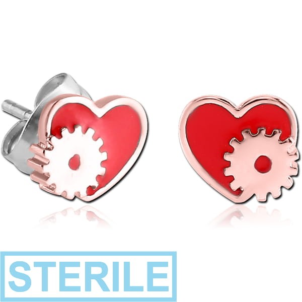 STERILE COPPER EAR STUDS PAIR WITH ENAMEL - HEART STEAMPUNK