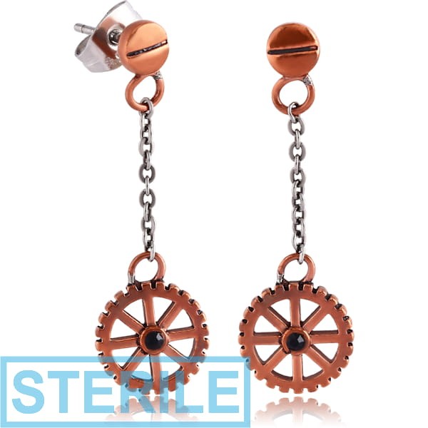 STERILE COPPER JEWELLED EAR STUDS PAIR - DANGLING STEAMPUNK