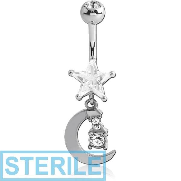 STERILE RHODIUM PLATED DOUBLE JEWELLED STAR FASHION NAVEL BANANA WITH MOON CHARM