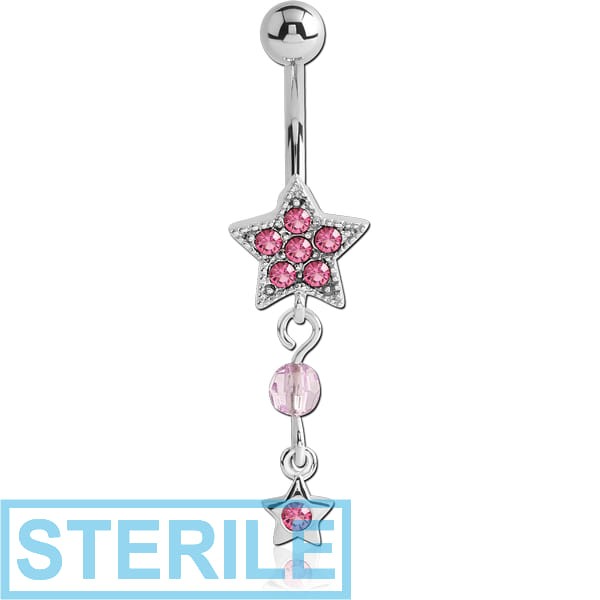 STERILE RHODIUM PLATED JEWELLED STAR FASHION DANGLE NAVEL BANANA