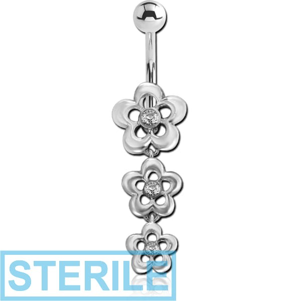STERILE RHODIUM PLATED JEWELLED FLOWER FASHION DANGLE NAVEL BANANA