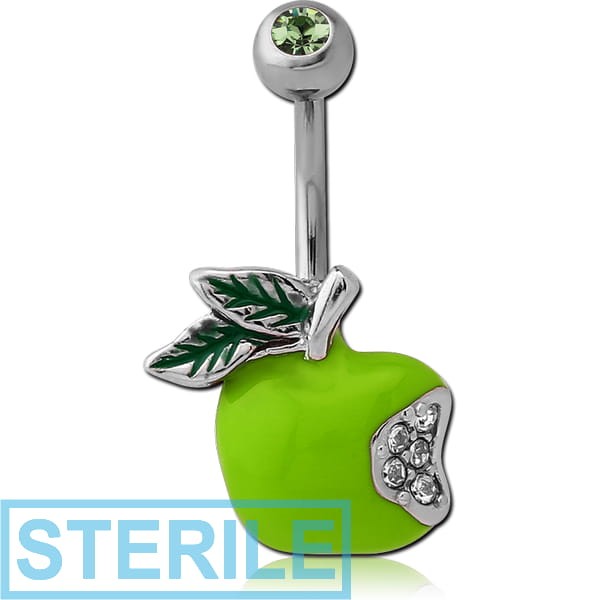 STERILE RHODIUM PLATED DOUBLE JEWELLED ENAMEL APPLE FASHION NAVEL BANANA