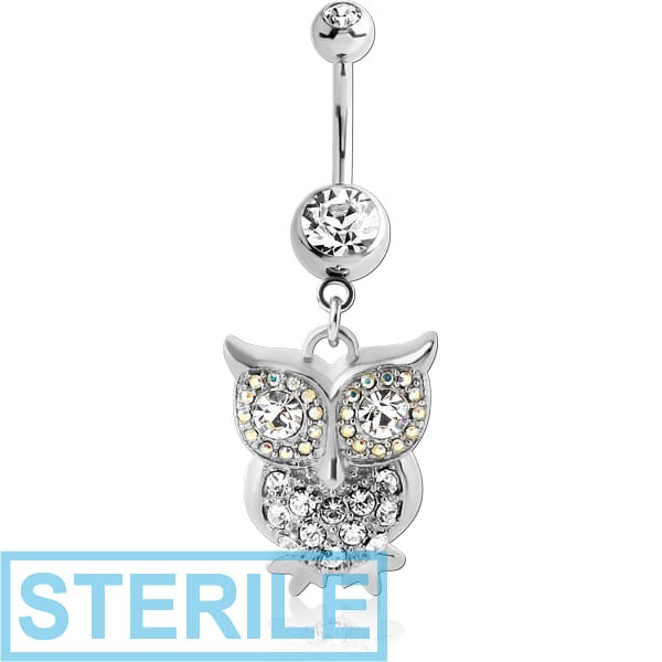 STERILE RHODIUM PLATED DOUBLE JEWELLED NAVEL BANANA WITH OWL CHARM
