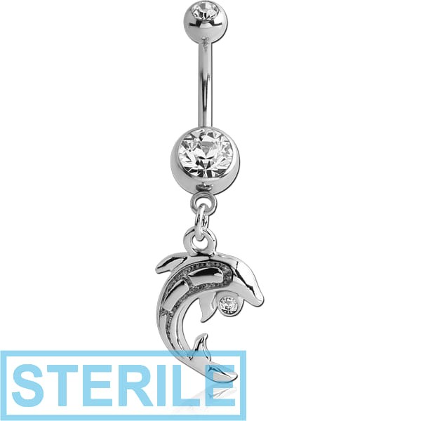 STERILE RHODIUM PLATED DOUBLE JEWELLED NAVEL BANANA WITH DOLPHIN CHARM