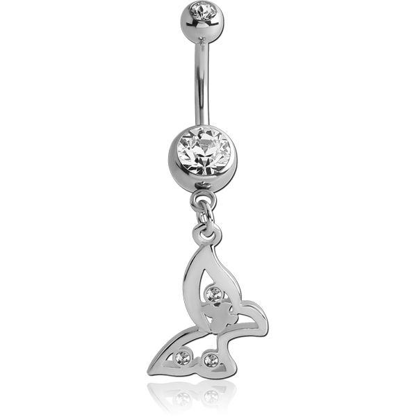 RHODIUM PLATED DOUBLE JEWELLED NAVEL BANANA WITH BUTTERFLY CHARM