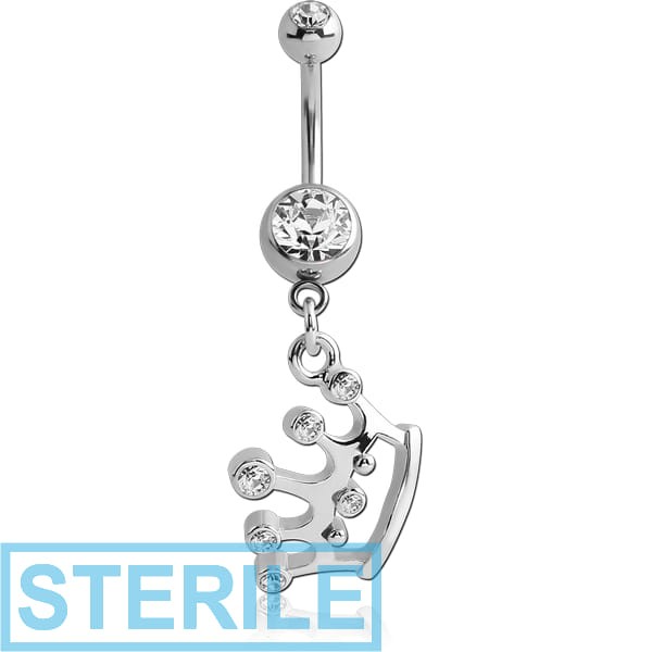 STERILE RHODIUM PLATED DOUBLE JEWELLED NAVEL BANANA WITH CROWN CHARM
